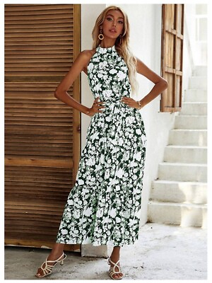 #ad #ad Womens Maxi Dress Halter Neck Floral Print Maxi Dress Light Green Medium NEW $33.00