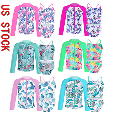 #ad US Girls Floral Printed Swim Sets Zip Up Rashguard Shirts Bikini Briefs Swimsuit $18.98