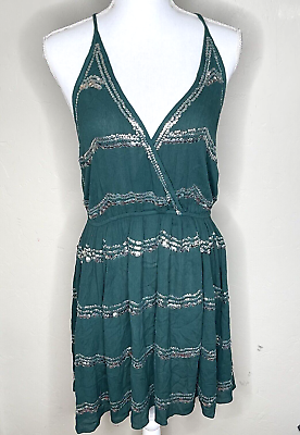 #ad Women#x27;s Intimatley Free People Green Silver Sequin Mini Sundress Large READ $17.99