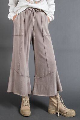 Easel Washed Terry Knit Wide Leg Boho Bohemian Pants in Mushroom New S L EB40706 $43.20