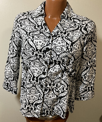 Carole Little Long Sleeve Shirt Blouse. Black and White Button Linen Top Sz M $4.95