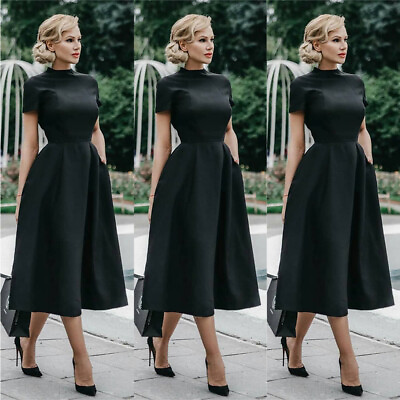 Womens Stand Collar Elegant Vintage Long Black Dress Evening Party Cocktail Wear $29.69