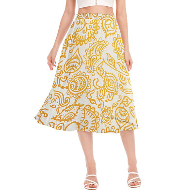 #ad Cotton Midi Skirt Women Knee Length Yellow Soft Pleated Skirt Casual Dress $27.99