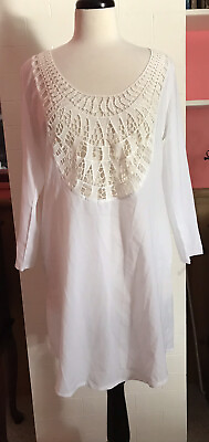 #ad WOMENS LARGE SHEER WHITE 3 4 SLEEVE BEACH COVER UP WITH IVORY LACE IN BACK $8.50