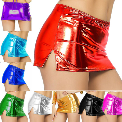 #ad Women Metallic Shiny Mini Skirt Lingerie Wetlook Micro Skirt Dance Party Club $9.42