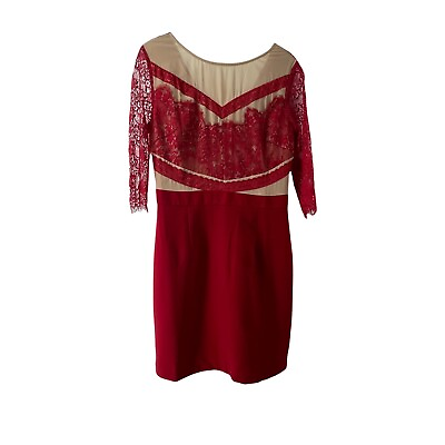 Red Lace Illusion Dress Womens Size Large 3 4 Sleeve Shift Holiday Cocktail Wear $49.00