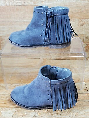 The Childrens Place Girls 8 Block Heel Fringe Boot Booties Gray Faux Suede Studs $9.00