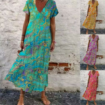 #ad Women#x27;s Floral V Neck Maxi Dress Summer Beach Short Sleeve Long Boho Sundress $20.89