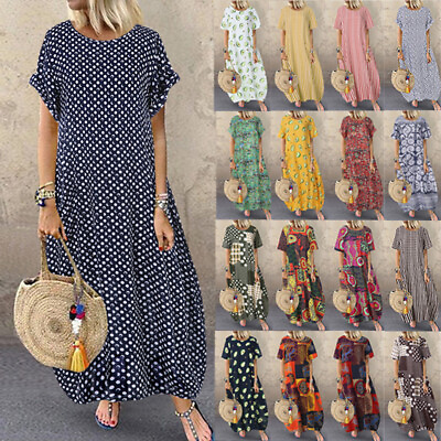 #ad Summer Womens Polka Dots Floral Holiday Sundress Loose Kaftan Long Maxi Dress $17.09