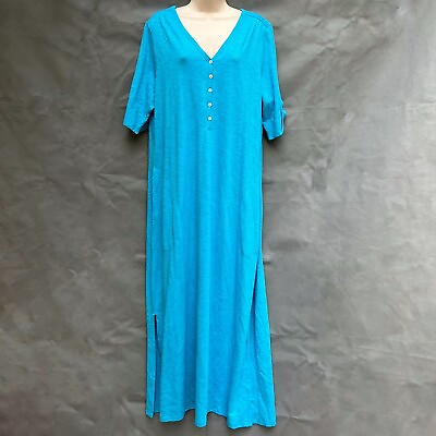 #ad Chico#x27;s Sz 2 I US 12 14 Tranquil Turquoise Blue Dress Buttons Modal Slub Maxi $35.00