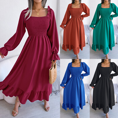 #ad Women#x27;s Square Neck Flounce Shirred Ruffle Hem Elegant Long Sleeve Maxi Dress GBP 20.99