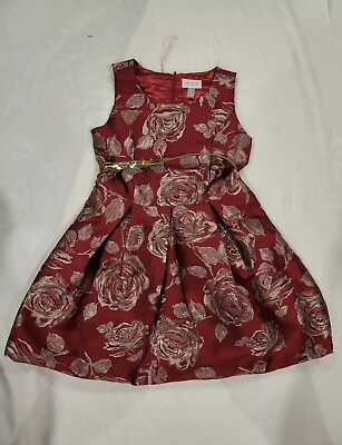 #ad Childrens Place Girls Size 12 Red amp; Gold Flower Pattern Dress With Gold Belt $29.99