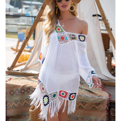 Ana amp; Rose Beach Cover Up Womens Size M White Crochet Fringe Boho V Neck Resort $25.00