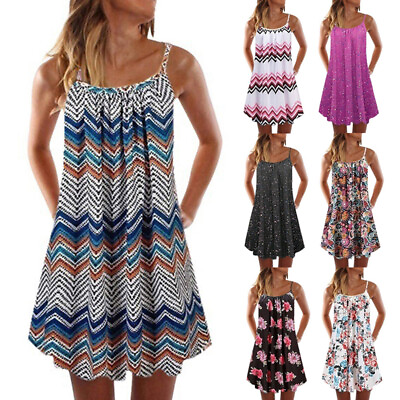 #ad Women#x27;s Sundress Strap Mini Loose Pleated Sleeveless Summer Beach Short Dresses $24.49