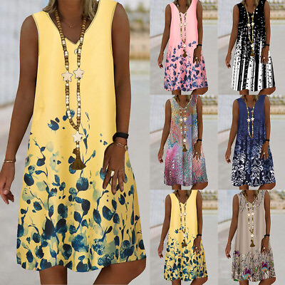#ad Womens V Neck Floral Sundress Summer Beach Sleeveless Printed Midi Tunic Dress $20.32