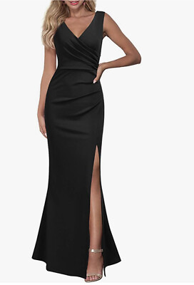 #ad Woman#x27;s Sleeveless V Neck Split Evening Cocktail Long Dress NWT Black Large $45.00