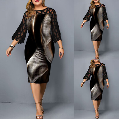 #ad Plus Size Women Floral Mesh Midi Dress Bodycon Cocktail Party Ball Gown Dress $29.09