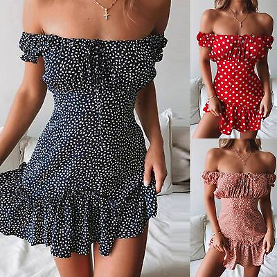Womens Boho Floral Off Shoulder Mini Dress Ladies Summer Holiday Beach Sundress $9.19