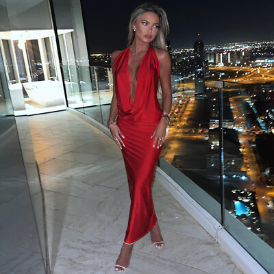 #ad Sexy New Women V Neck Sleeveless Solid Backless Bodycon Club Party Long Dress $19.91