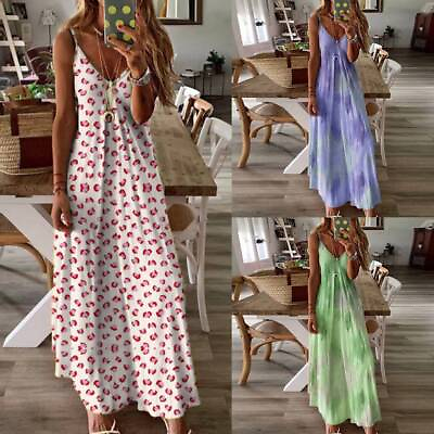 Plus Size Women Boho Tie Dye Maxi Dress Ladies Summer Beach Strappy Sun Dresses $12.96