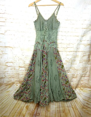 Y2K Maxi Sun Dress Women S Green Cottagecore Fairy Whisigoth Floral Stripe Rayon $76.50