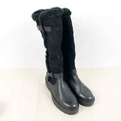 Wanted Womens Boots Size 10 Black Leather Fur Trim Knee High Buckle Strap NWOB $30.00