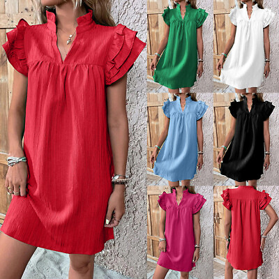 #ad Womens Boho Ruffle Tunic Dress Ladies V Neck Summer Holiday Loose Mini Sundress $22.29