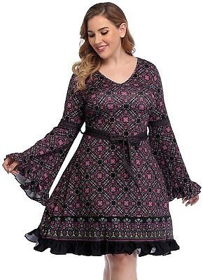 #ad HDE Plus Size Bell Sleeve Dress Boho Vintage Hippie A line 70s Pastel Goth Witch $96.25