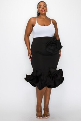 Women#x27;s Black Plus Size Midi Skirt with Floral Detail $115.00