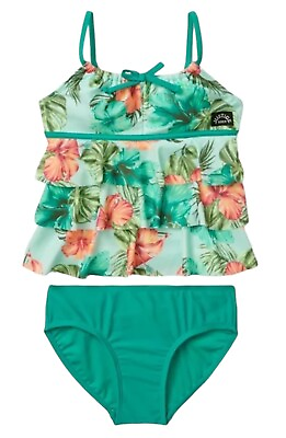 #ad Justice Girls Tankini Swimsuit 2 Piece Set Teal Floral Logo Size 12 14 $21.99