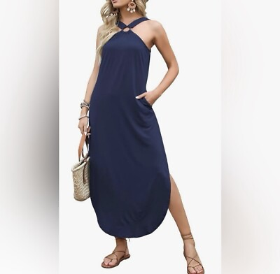 #ad Women’s Long Maxi Dress Navy Blue W Pockets Size XL $9.97