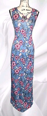 #ad Pink Rose Womens LG Blue Floral Maxi Dress Side Slit Criss Cross Neckline Beachy $15.00
