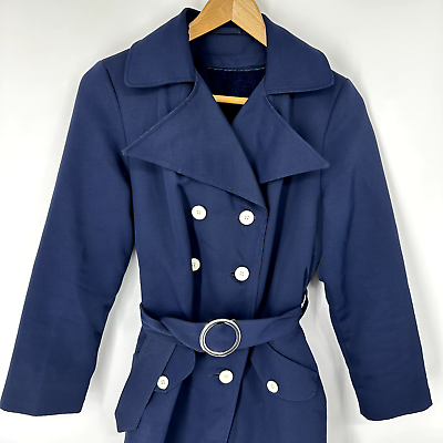 #ad Vintage Sears Womens Dress Overcoat Size 8 Navy Blue Belted Lined $44.99