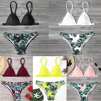 #ad #ad Women Swimwear Bikini Set Print Leaves Push Up Padded Bathing Swimsuit Beachwear $9.99