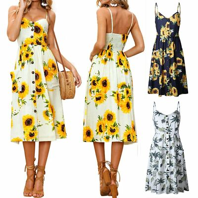 Summer Women#x27;s Boho Sunflower Maxi Dress Sleeveless Slip Dress Beach dress $13.01