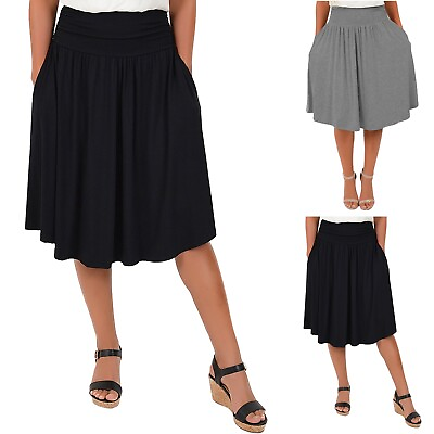 #ad Plus Size Women#x27;s Skirts Solid High Waist Pleated Mid Length Skirt with Pockets $17.45