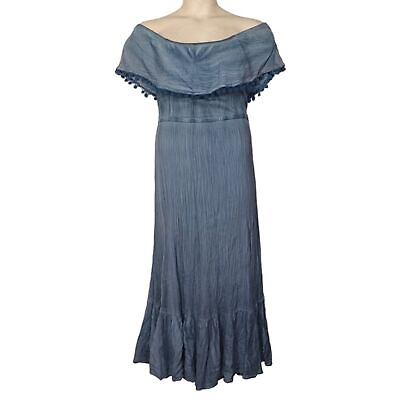 #ad MLLE GABRIELLE Blue Gray Off Shoulder Pom Pom Stretchy Maxi Boho Dress 1X NWT $29.69
