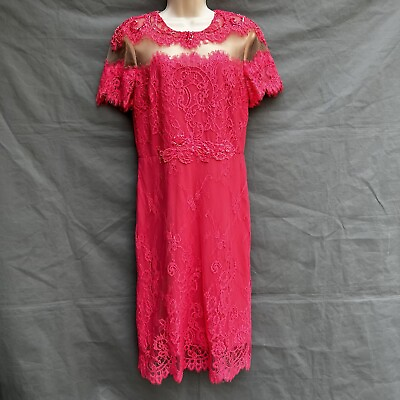 #ad #ad Mikael Aghal Pink Lace Sheer Short Sleeve Sheath Dress Formal Cocktail Size 10 $60.00