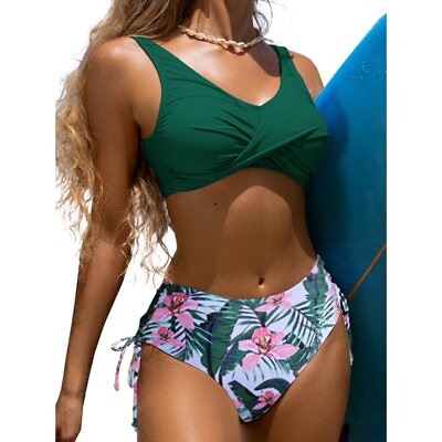 #ad #ad FLower Swimsuit High Waist Two Piece Bikini Set Padded Bra Sexy Push Up Swimwea $9.00