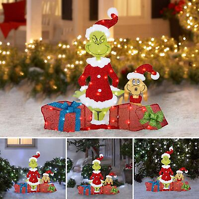 Christmas Lighting Grinch amp; Dog Gift Box Decor Outdoor Garden Yard Holding Gift $17.59