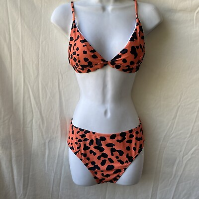 #ad Orange Leopard 2 Piece Swimsuit Bikini Women Size S Spaguetti Adjustable Strap $15.19
