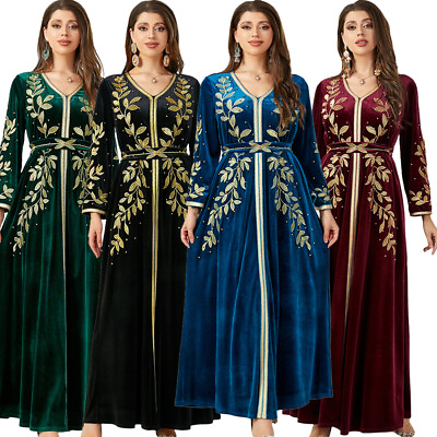 #ad Muslim Women Velvet Embroidery Long Maxi Dress Abaya Kaftan Moroccan Dubai Robes $60.70