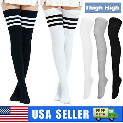 #ad Extra Long Cotton Stripe Thigh High Socks Over the Knee High Plus Size Stockings $8.48