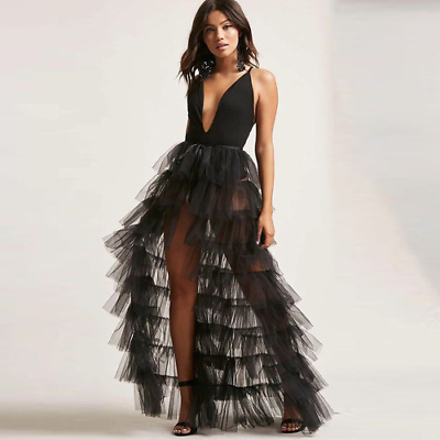 #ad Black Layered Tulle Skirt Long Women#x27;s Mini Skirt High Waist Mesh Maxi Dress $66.01