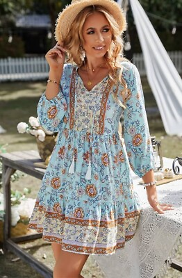 #ad Women Beach Vacation Women#x27;s Summer Floral Print Neck Dress Bohemian Blue Sz XL $13.00