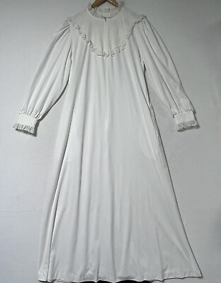 #ad LDS Mormon Long White Temple Dress Le Voy’s M Zip Front Pockets Lace Roomy $22.97