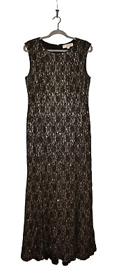 #ad TAHARI ASL $279 Metallic Black Gold Sleeveless Long Evening Dress Size 10 $44.99