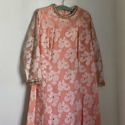 #ad #ad Elgin 60s Peach Beaded Accent Hostess Long Maxi Dress Sheer Sleeves Floral $27.99