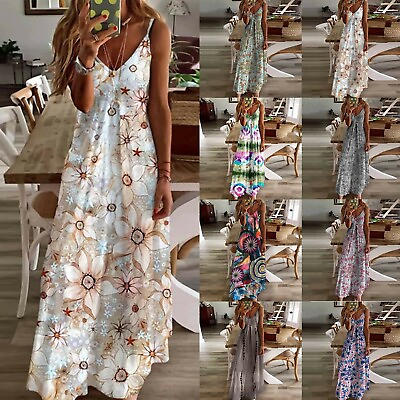 #ad Plus Size Women#x27;s Summer Boho Long Dress Ladies Beach Print Loose Maxi Dresses $22.66