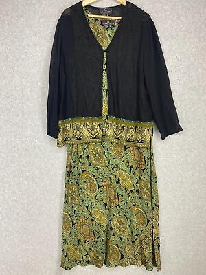 Vintage Carole Little Dress 14 Green Floral Paisley Matching Cardigan Maxi $34.95
